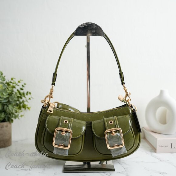 Coach CBJ01 Ashton Shoulder Bag In Shiny Crinkle Leather Gold/Olive Green - Picture 2 of 11